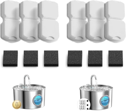 Cat Water Fountain Filter: Cat Fountain Filters - Pet Dispenser Replacementfilter - Suitable for Stainless Steel Water Fountains for Cats - 6 Filters + 6 Sponges of Dog Dispenser