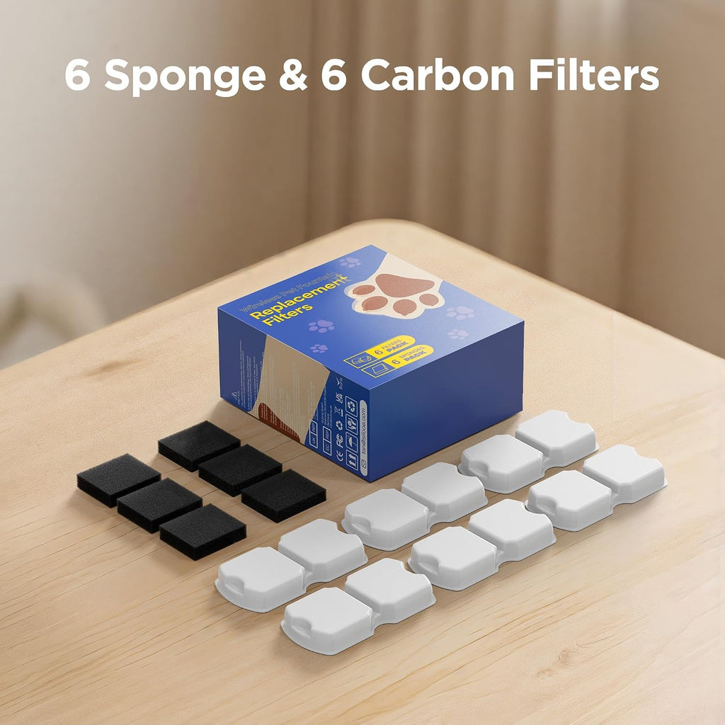 Cat Water Fountain Filter: Cat Fountain Filters - Pet Dispenser Replacementfilter - Suitable for Stainless Steel Water Fountains for Cats - 6 Filters + 6 Sponges of Dog Dispenser