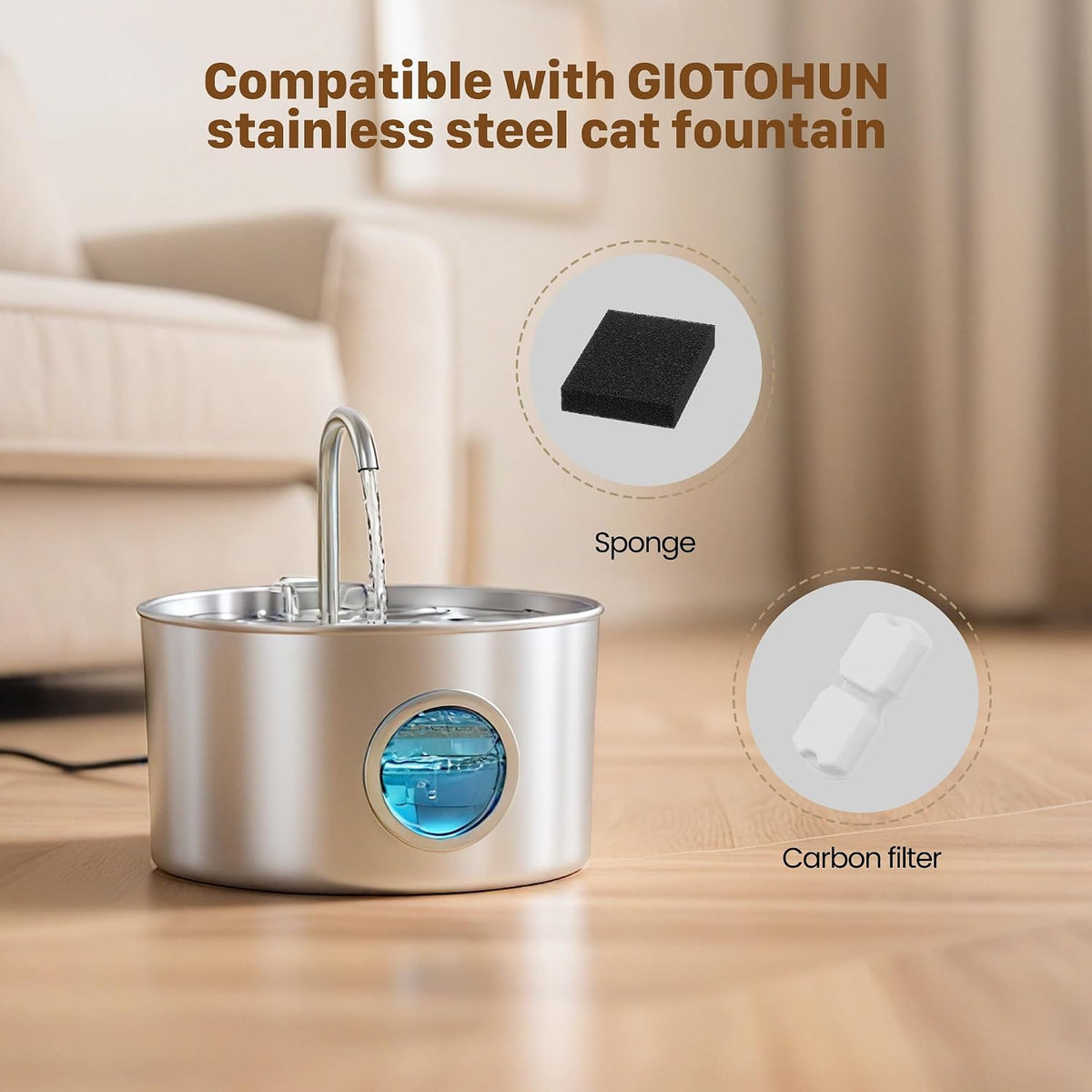 Cat Water Fountain Filter: Cat Fountain Filters - Pet Dispenser Replacementfilter - Suitable for Stainless Steel Water Fountains for Cats - 6 Filters + 6 Sponges of Dog Dispenser